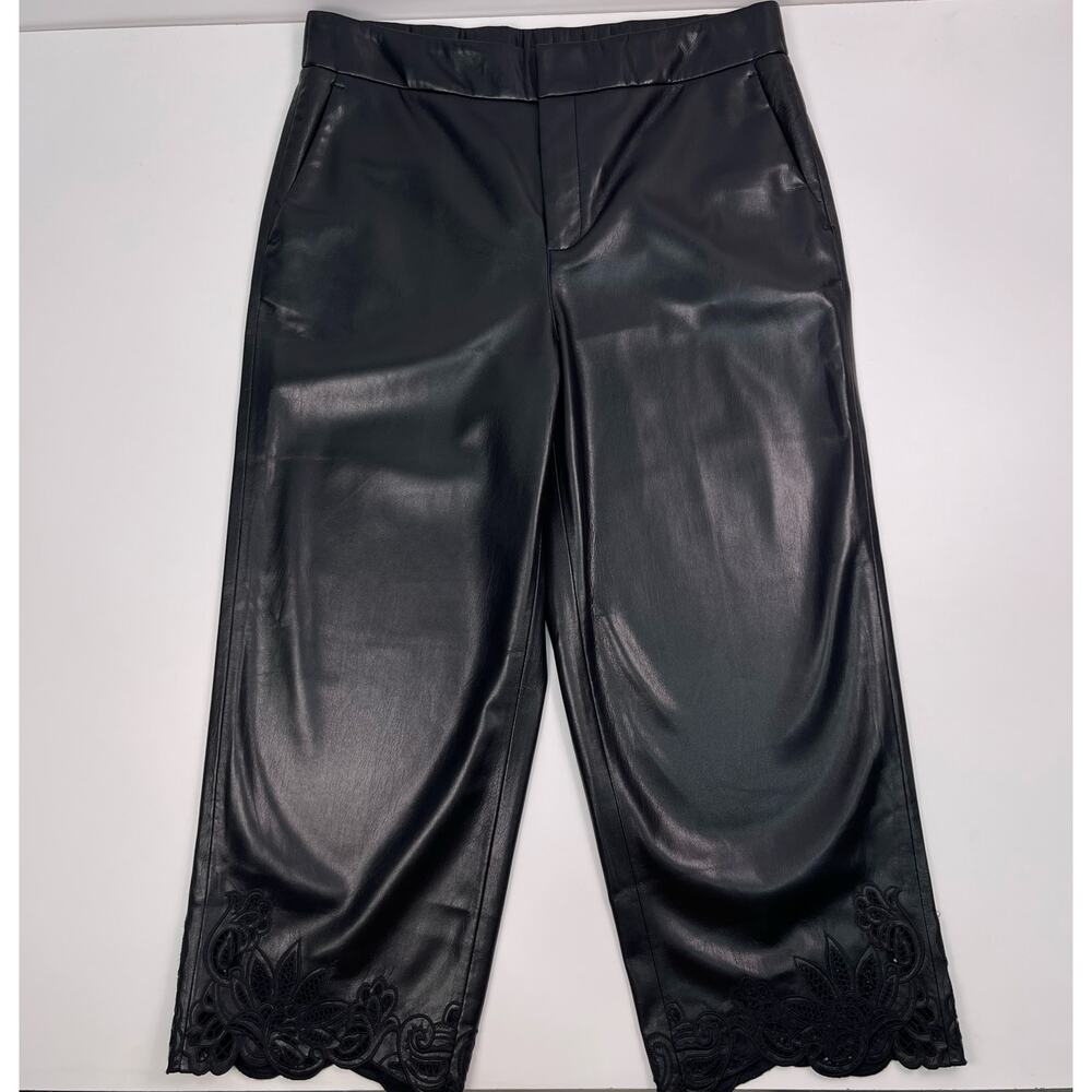 Chico’s Black Faux Leather Cropped Trousers Lace Hem Wide Leg Pants 10 Petite - Picture 8 of 13